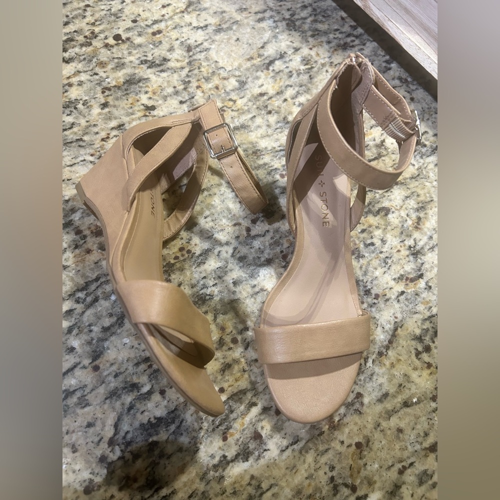 Sun + Stone Nude Wedge Heel Sandals Ankle Strap Women’s Size 5.5